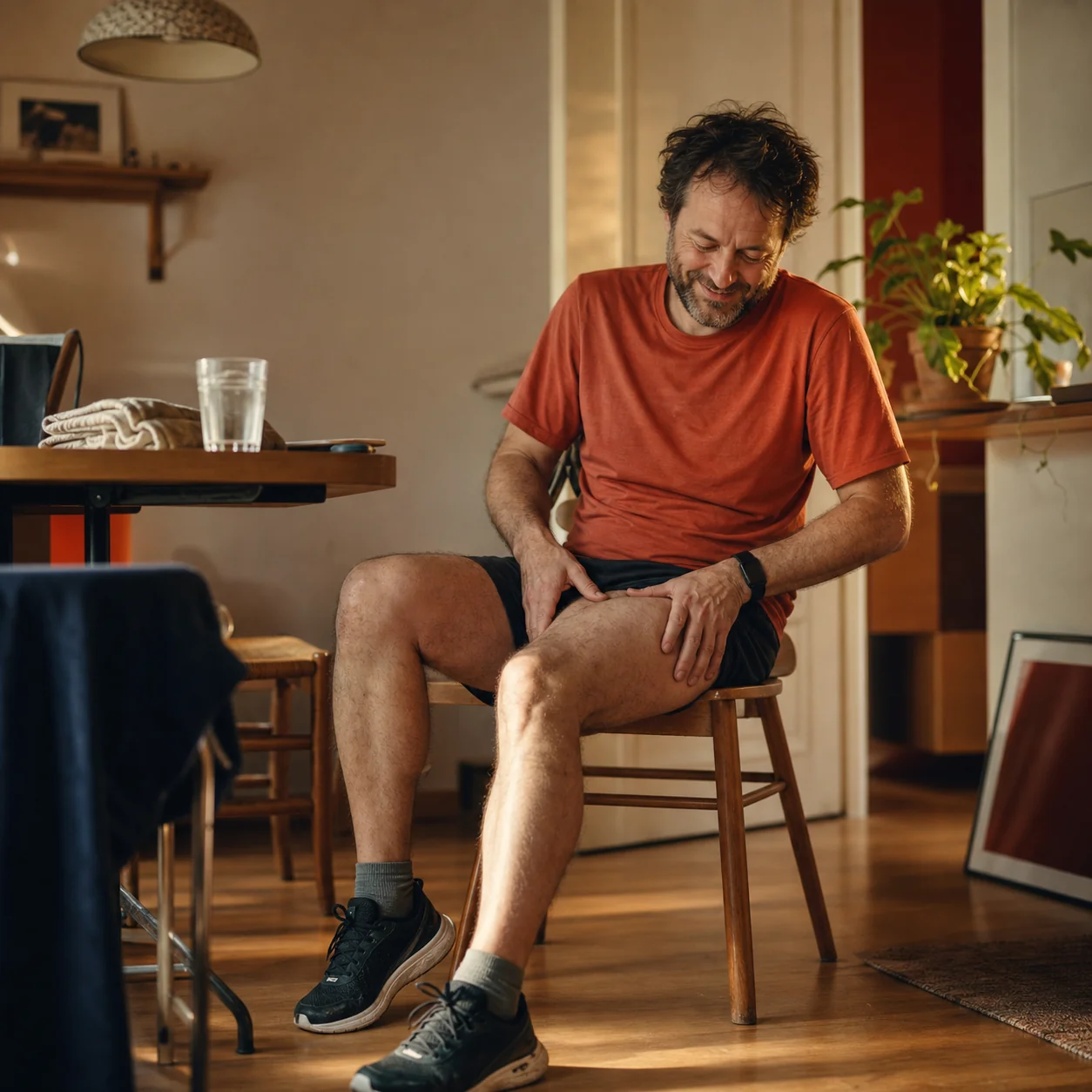 Un homme de 47 ans massant sa cuisse après un footing